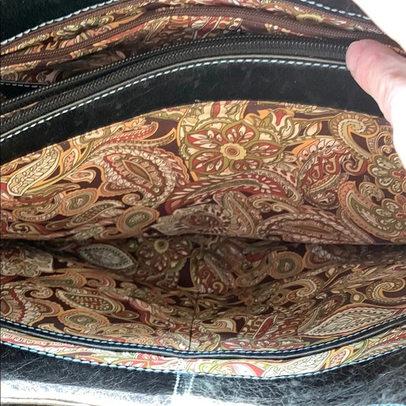 Nordstrom Black Leather Blue Stitching Casual Tote Bag Paisley Lining Lg Pockets - Picture 9 of 14